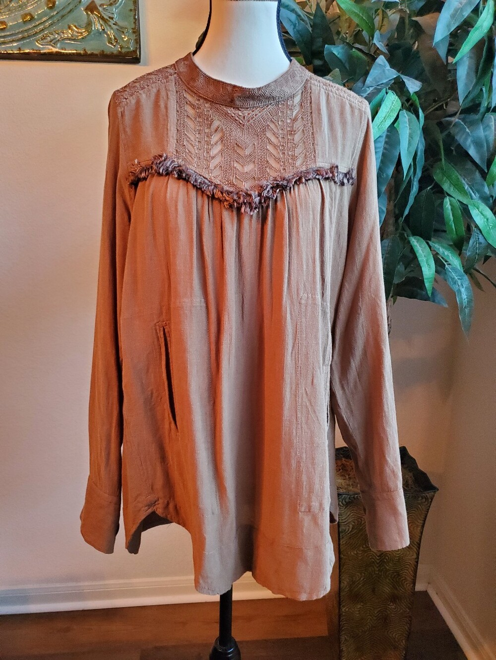 Isabel Marant Rustic Brown Crochet Yoke Fringe Tunic Sz FR 34